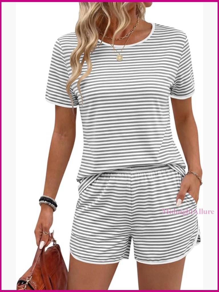 Womens Striped 2 Piece Pajama Shorts Set - Soft Cozy Pjs